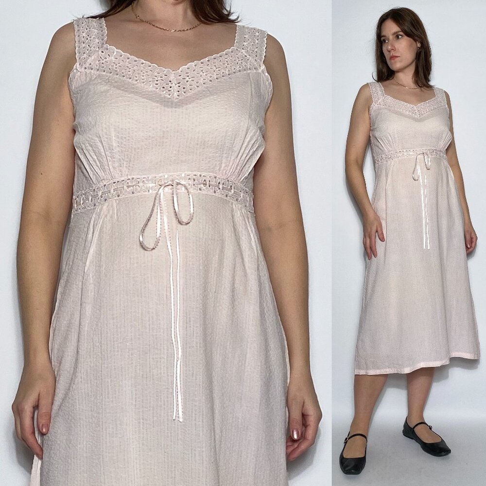 Vintage 1950s Baby Pink SLIP DRESS with EYELET Trim! Large